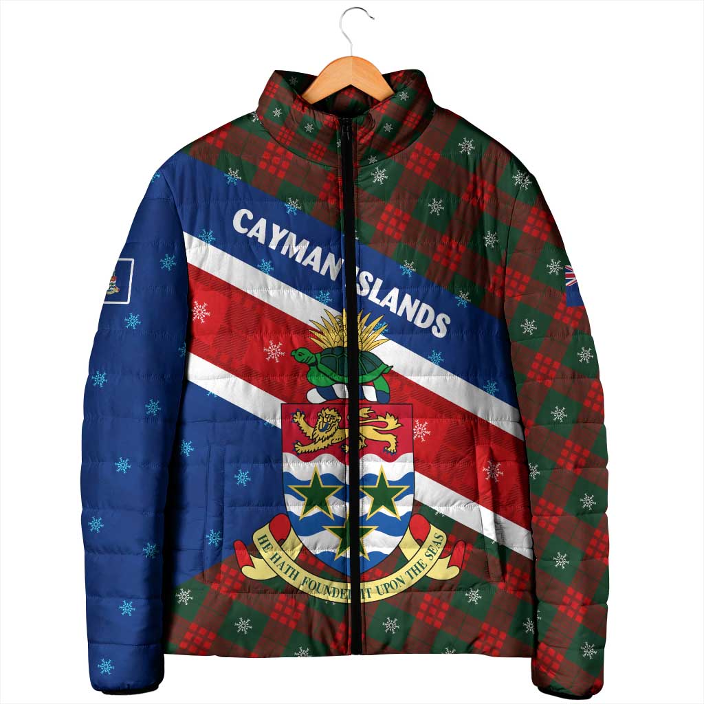 Cayman Islands Xmas Padded Jacket Christmas Plaid Turtle and Coat of Arms Red Green Blue - Wonder Print Shop