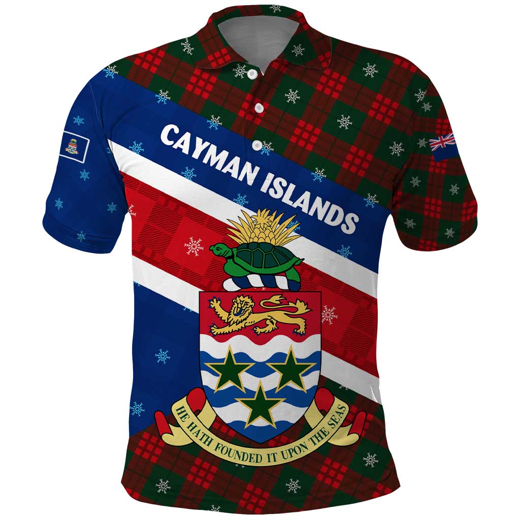 Cayman Islands Xmas Polo Shirt Christmas Plaid Turtle and Coat of Arms Red Green Blue - Wonder Print Shop