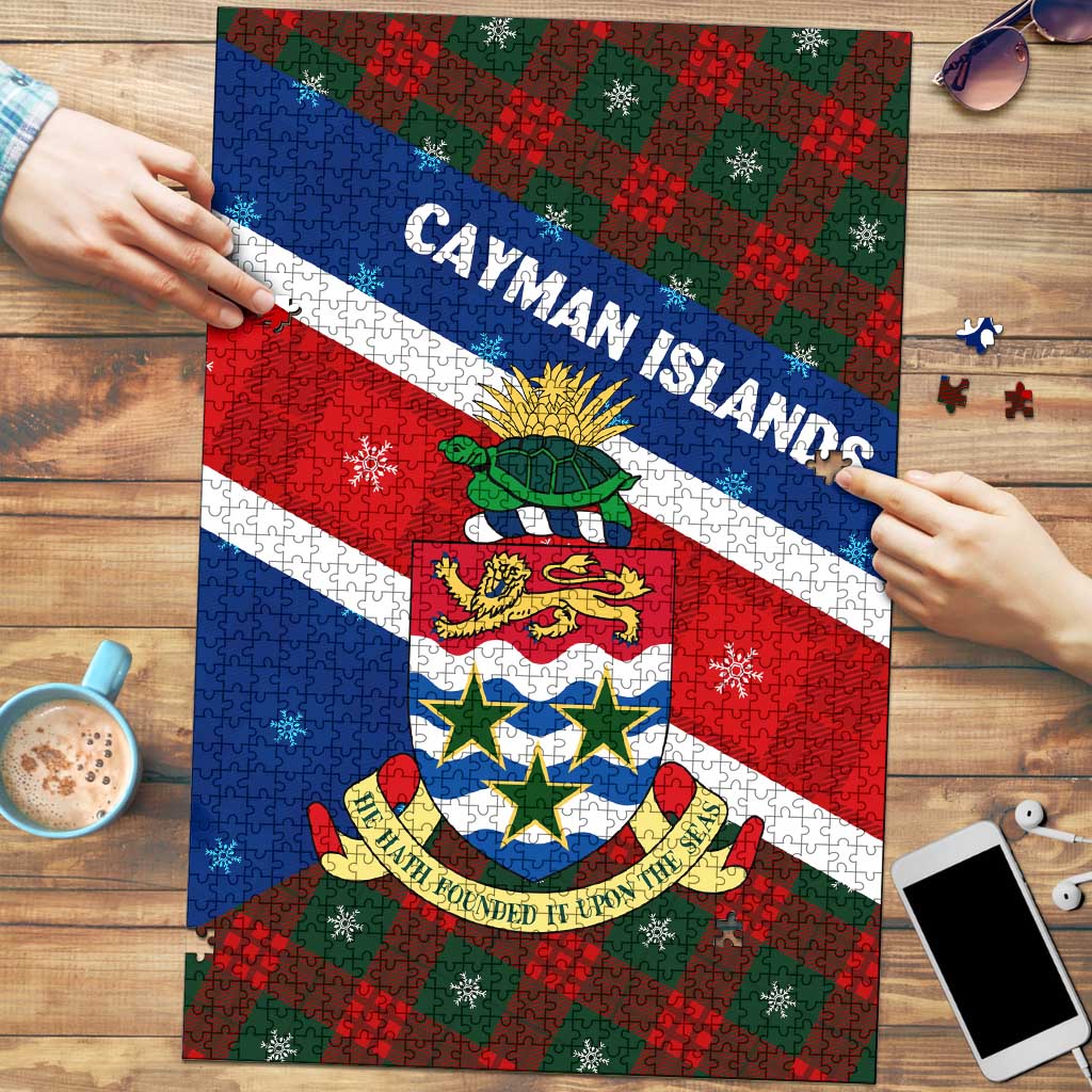 Cayman Islands Xmas Puzzle Christmas Plaid Turtle and Coat of Arms Red Green Blue - Wonder Print Shop