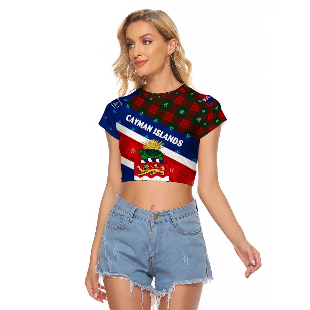 Cayman Islands Xmas Raglan Cropped T Shirt Christmas Plaid Turtle and Coat of Arms Red Green Blue - Wonder Print Shop