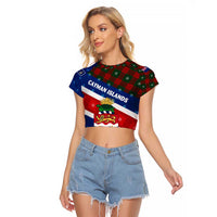 Cayman Islands Xmas Raglan Cropped T Shirt Christmas Plaid Turtle and Coat of Arms Red Green Blue - Wonder Print Shop