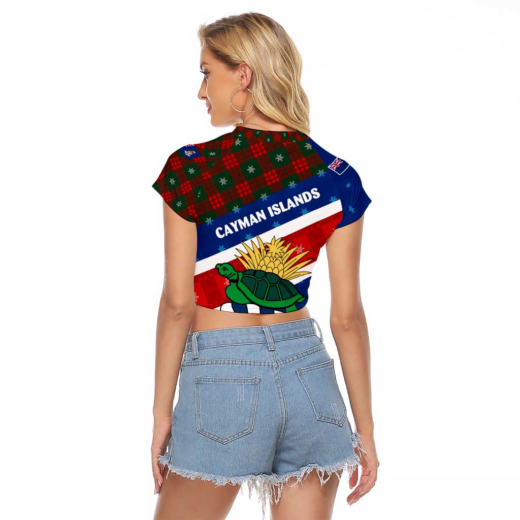 Cayman Islands Xmas Raglan Cropped T Shirt Christmas Plaid Turtle and Coat of Arms Red Green Blue - Wonder Print Shop