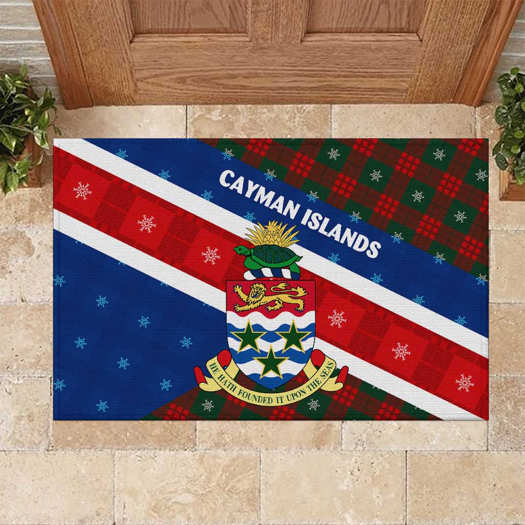 Cayman Islands Xmas Rubber Doormat Christmas Plaid Turtle and Coat of Arms Red Green Blue - Wonder Print Shop