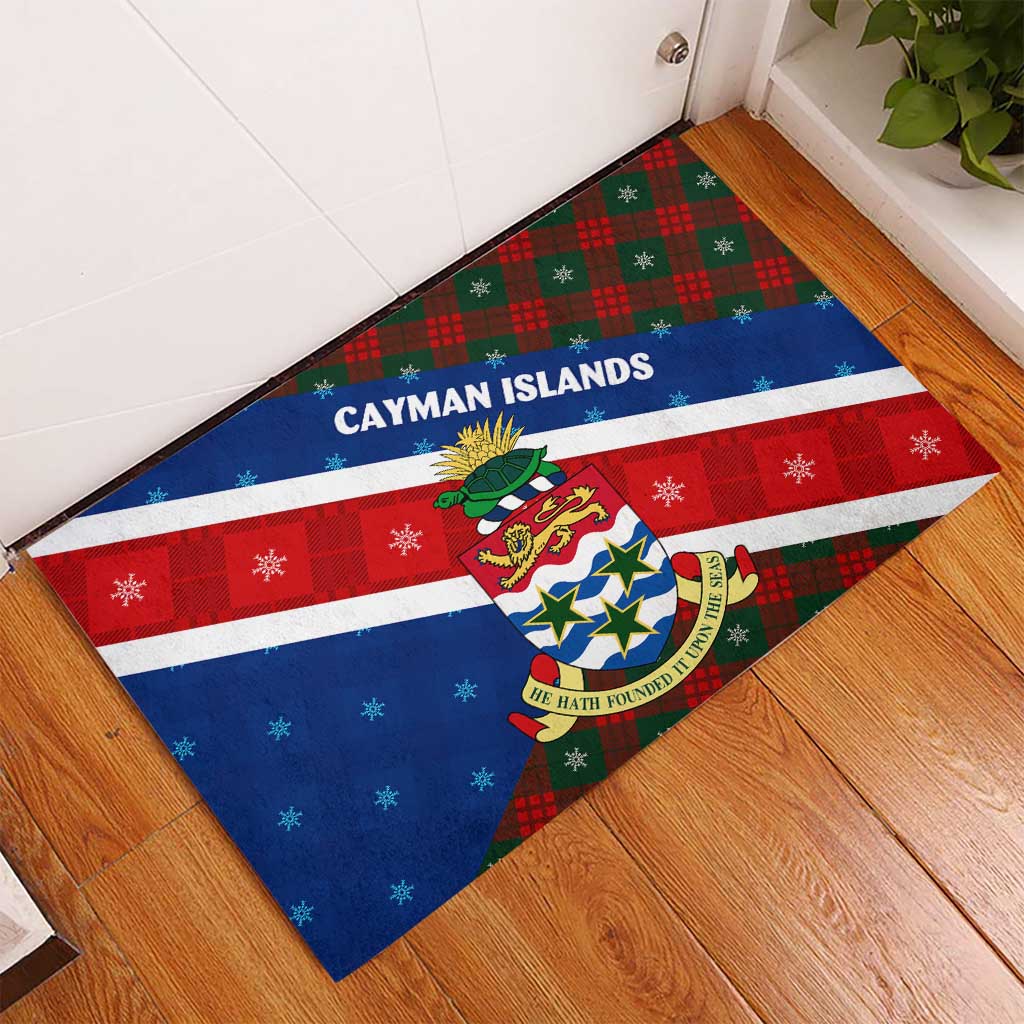 Cayman Islands Xmas Rubber Doormat Christmas Plaid Turtle and Coat of Arms Red Green Blue - Wonder Print Shop