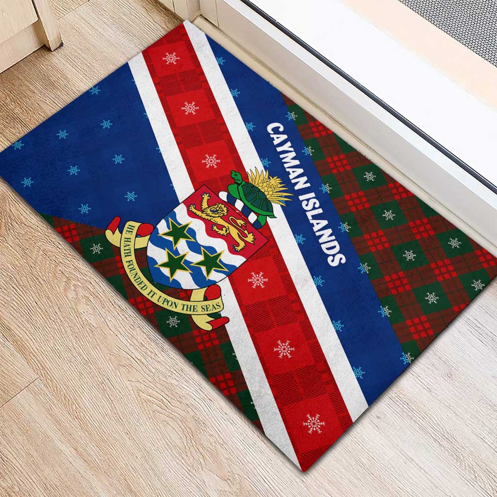 Cayman Islands Xmas Rubber Doormat Christmas Plaid Turtle and Coat of Arms Red Green Blue - Wonder Print Shop