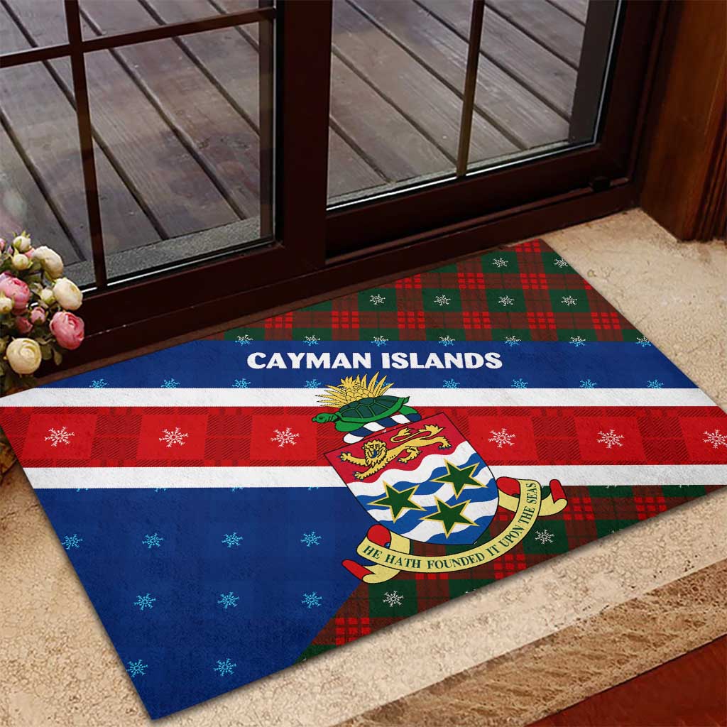 Cayman Islands Xmas Rubber Doormat Christmas Plaid Turtle and Coat of Arms Red Green Blue - Wonder Print Shop