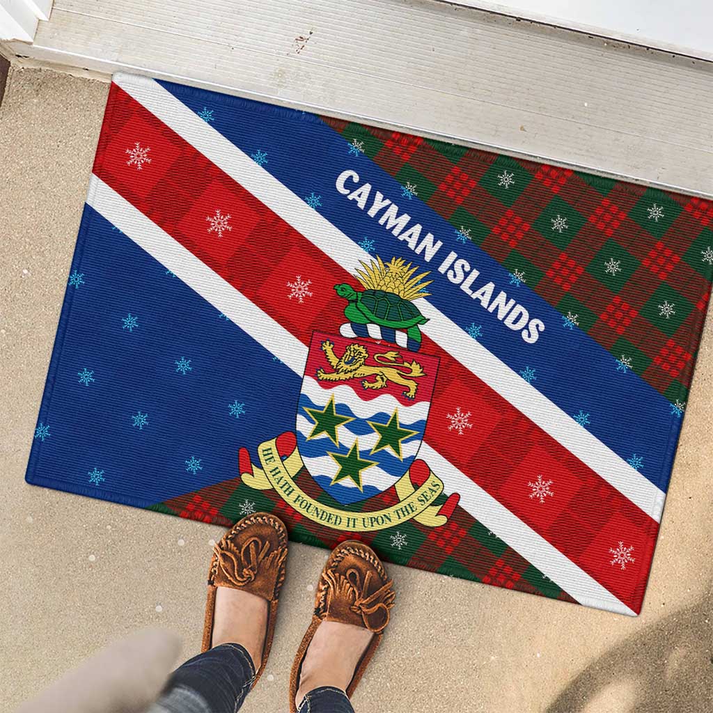 Cayman Islands Xmas Rubber Doormat Christmas Plaid Turtle and Coat of Arms Red Green Blue - Wonder Print Shop