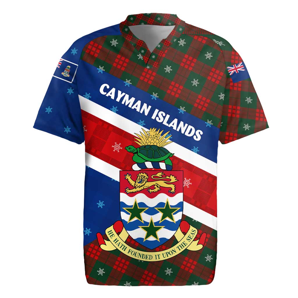 Cayman Islands Xmas Rugby Jersey Christmas Plaid Turtle and Coat of Arms Red Green Blue - Wonder Print Shop