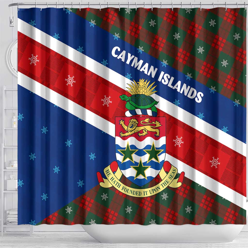 Cayman Islands Xmas Shower Curtain Christmas Plaid Turtle and Coat of Arms Red Green Blue - Wonder Print Shop