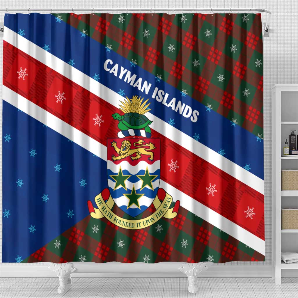 Cayman Islands Xmas Shower Curtain Christmas Plaid Turtle and Coat of Arms Red Green Blue - Wonder Print Shop