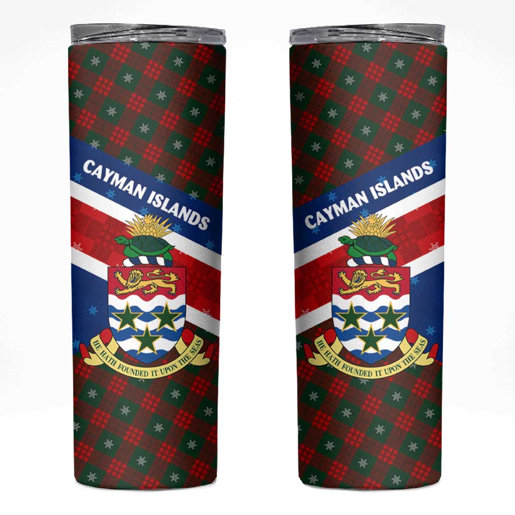 Cayman Islands Xmas Skinny Tumbler Christmas Plaid Turtle and Coat of Arms Red Green Blue - Wonder Print Shop