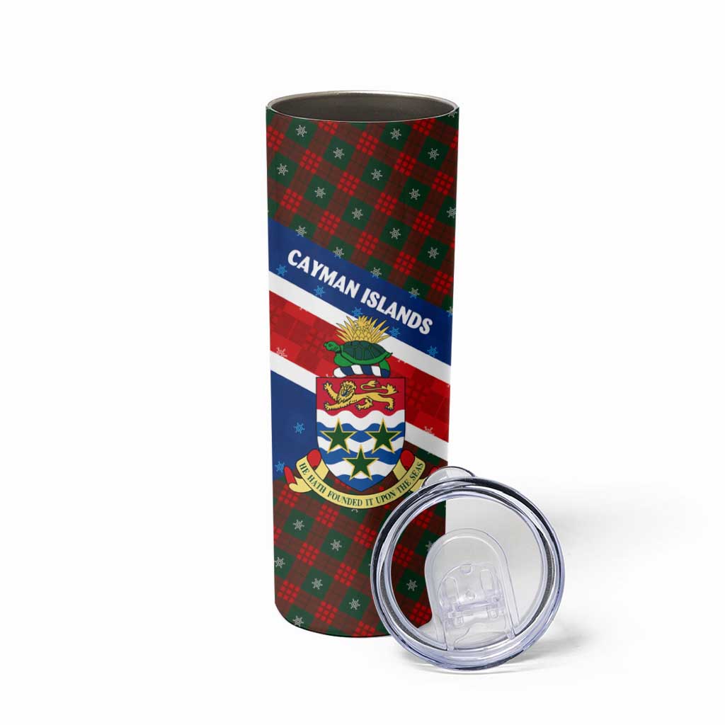 Cayman Islands Xmas Skinny Tumbler Christmas Plaid Turtle and Coat of Arms Red Green Blue - Wonder Print Shop