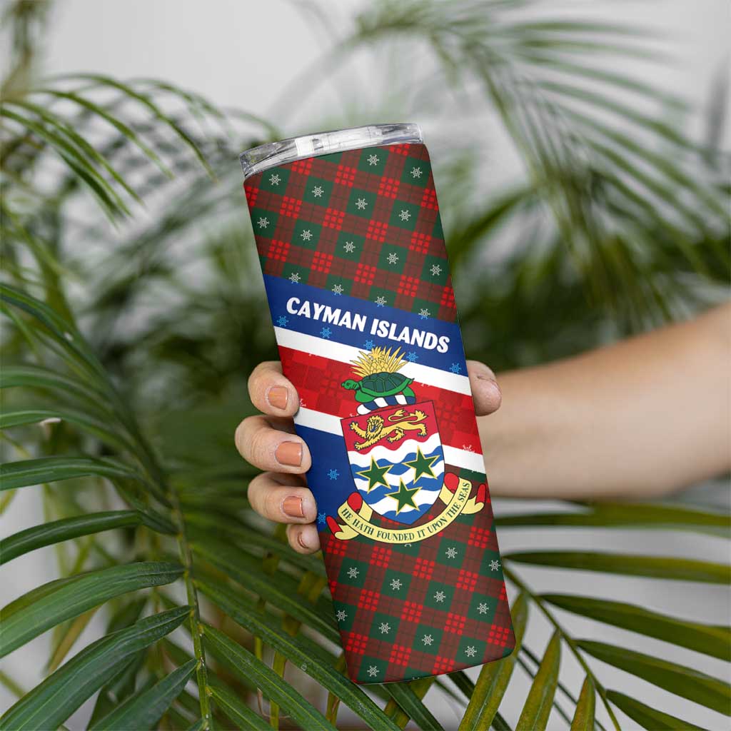 Cayman Islands Xmas Skinny Tumbler Christmas Plaid Turtle and Coat of Arms Red Green Blue - Wonder Print Shop