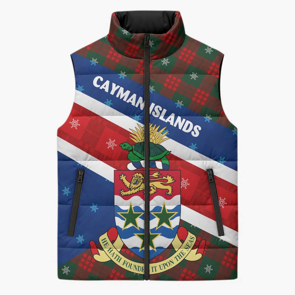 Cayman Islands Xmas Sleeveless Puffer Jacket Christmas Plaid Turtle and Coat of Arms Red Green Blue - Wonder Print Shop