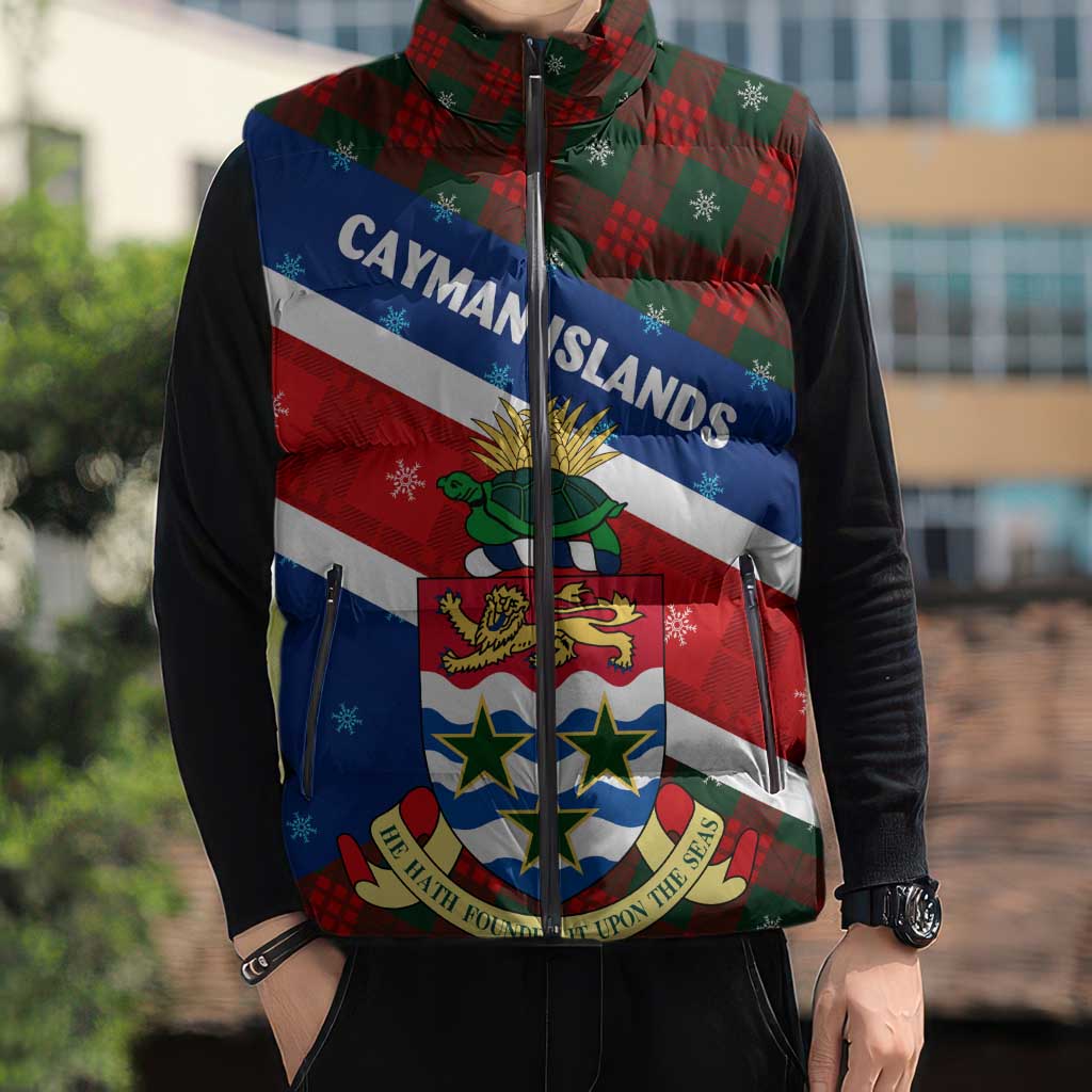 Cayman Islands Xmas Sleeveless Puffer Jacket Christmas Plaid Turtle and Coat of Arms Red Green Blue - Wonder Print Shop