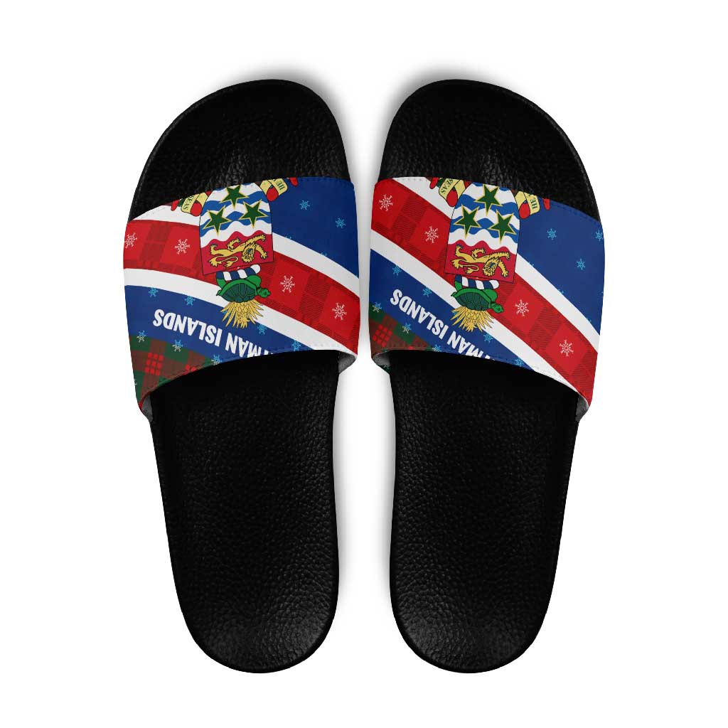 Cayman Islands Xmas Slide Sandals Christmas Plaid Turtle and Coat of Arms Red Green Blue - Wonder Print Shop