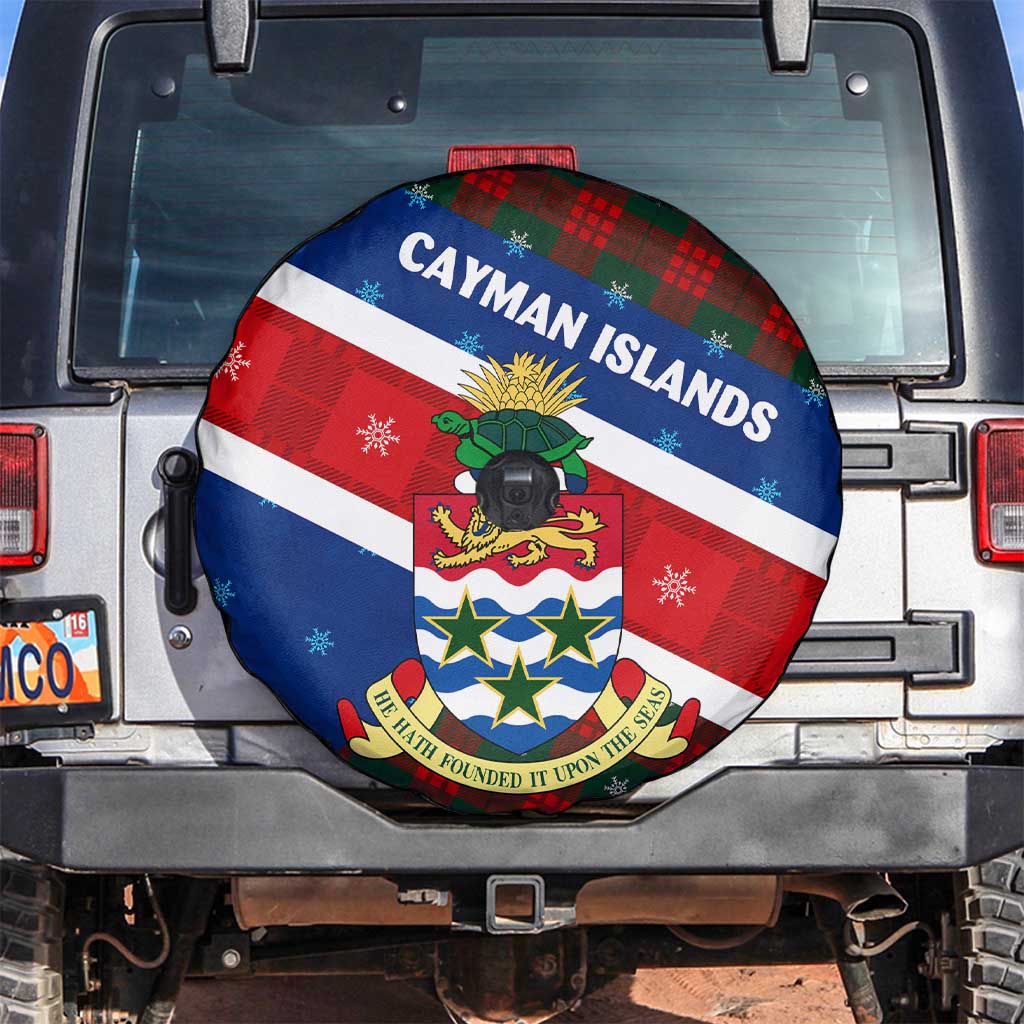 Cayman Islands Xmas Spare Tire Cover Christmas Plaid Turtle and Coat of Arms Red Green Blue - Wonder Print Shop