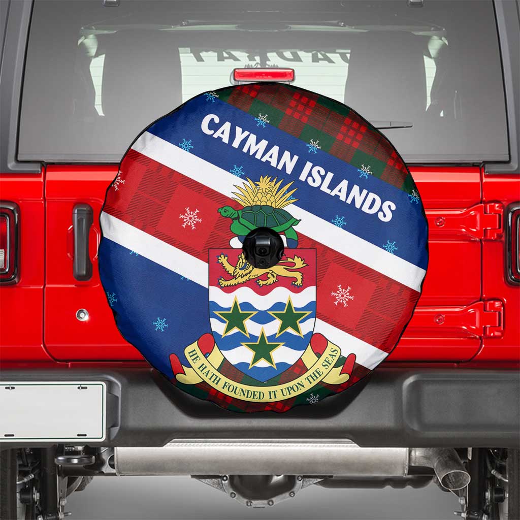 Cayman Islands Xmas Spare Tire Cover Christmas Plaid Turtle and Coat of Arms Red Green Blue - Wonder Print Shop