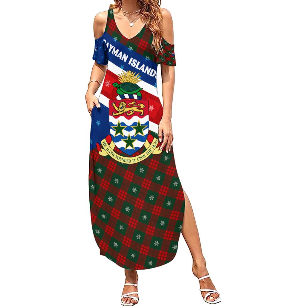 Cayman Islands Xmas Summer Maxi Dress Christmas Plaid Turtle and Coat of Arms Red Green Blue - Wonder Print Shop