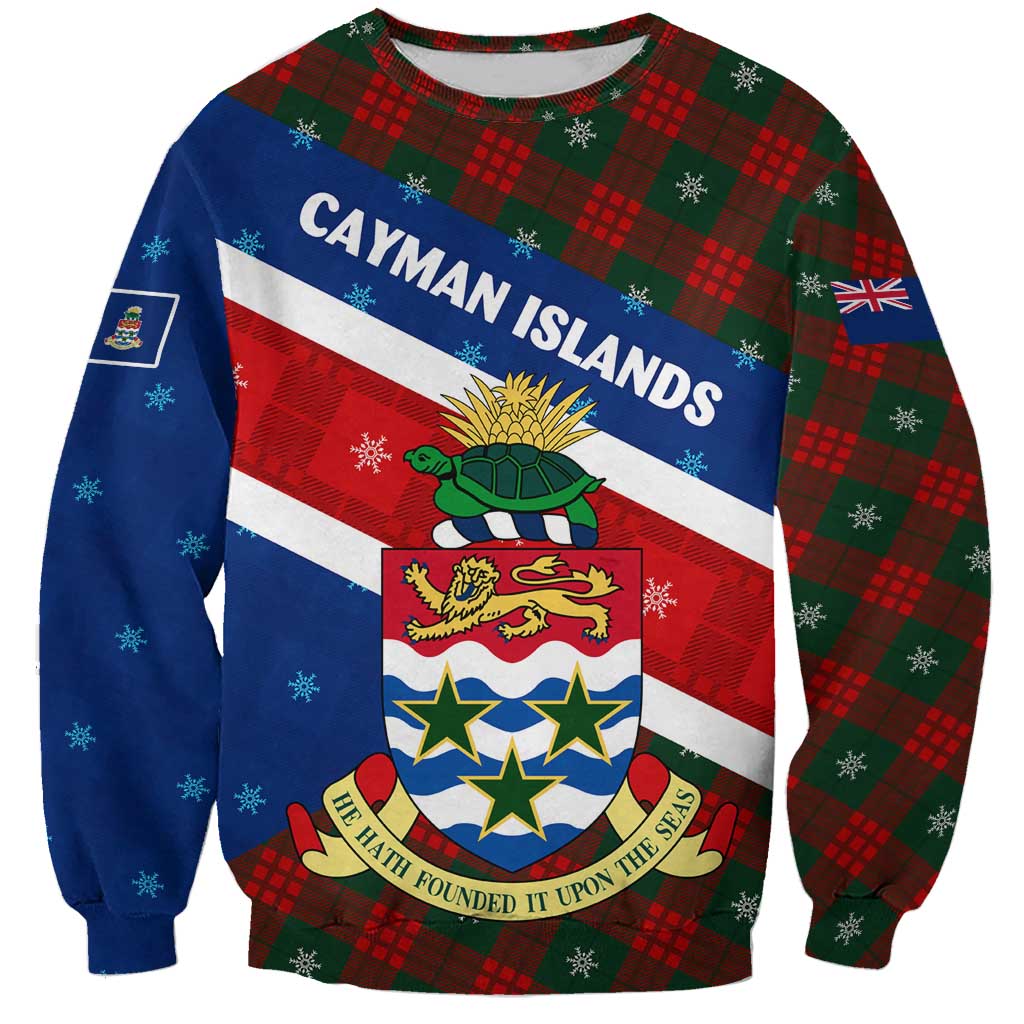 Cayman Islands Xmas Sweatshirt Christmas Plaid Turtle and Coat of Arms Red Green Blue - Wonder Print Shop