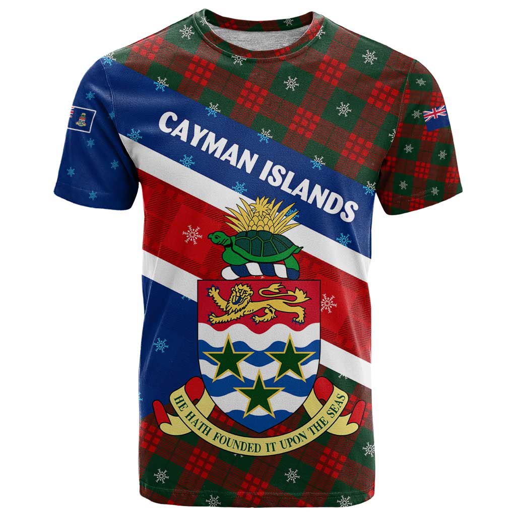 Cayman Islands Xmas T Shirt Christmas Plaid Turtle and Coat of Arms Red Green Blue - Wonder Print Shop