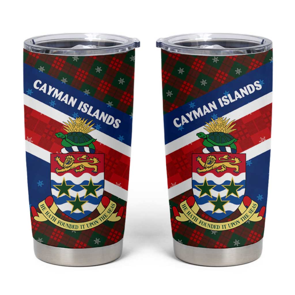 Cayman Islands Xmas Tumbler Cup Christmas Plaid Turtle and Coat of Arms Red Green Blue - Wonder Print Shop