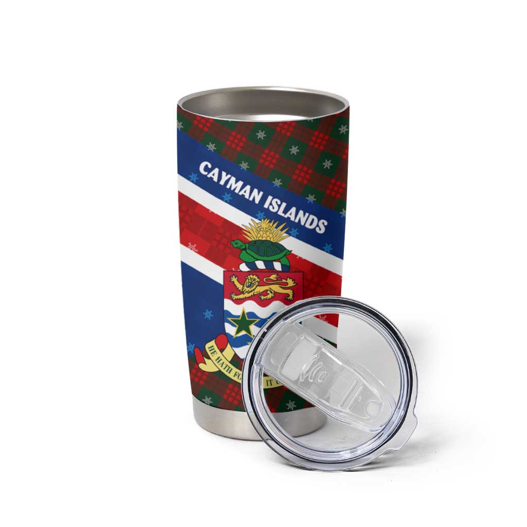 Cayman Islands Xmas Tumbler Cup Christmas Plaid Turtle and Coat of Arms Red Green Blue - Wonder Print Shop