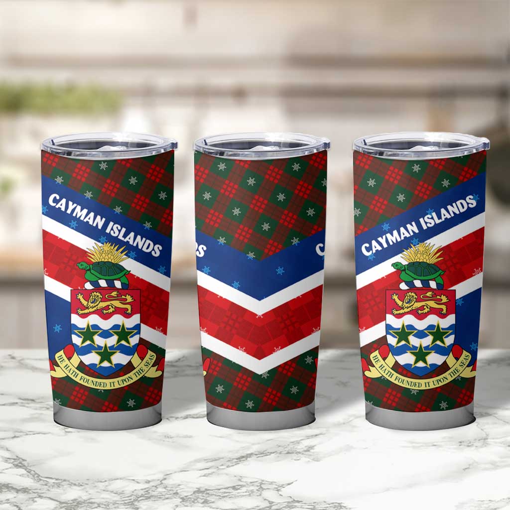 Cayman Islands Xmas Tumbler Cup Christmas Plaid Turtle and Coat of Arms Red Green Blue - Wonder Print Shop