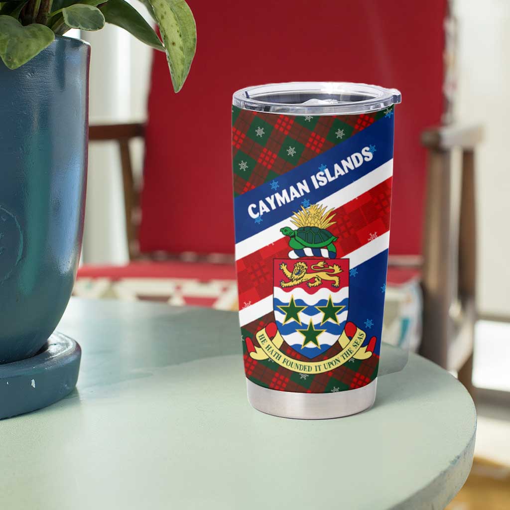 Cayman Islands Xmas Tumbler Cup Christmas Plaid Turtle and Coat of Arms Red Green Blue - Wonder Print Shop
