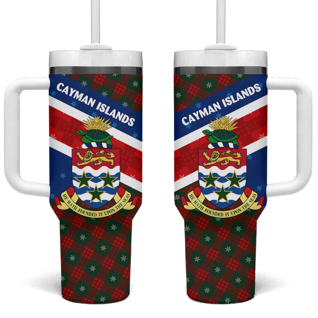 Cayman Islands Xmas Tumbler With Handle Christmas Plaid Turtle and Coat of Arms Red Green Blue - Wonder Print Shop
