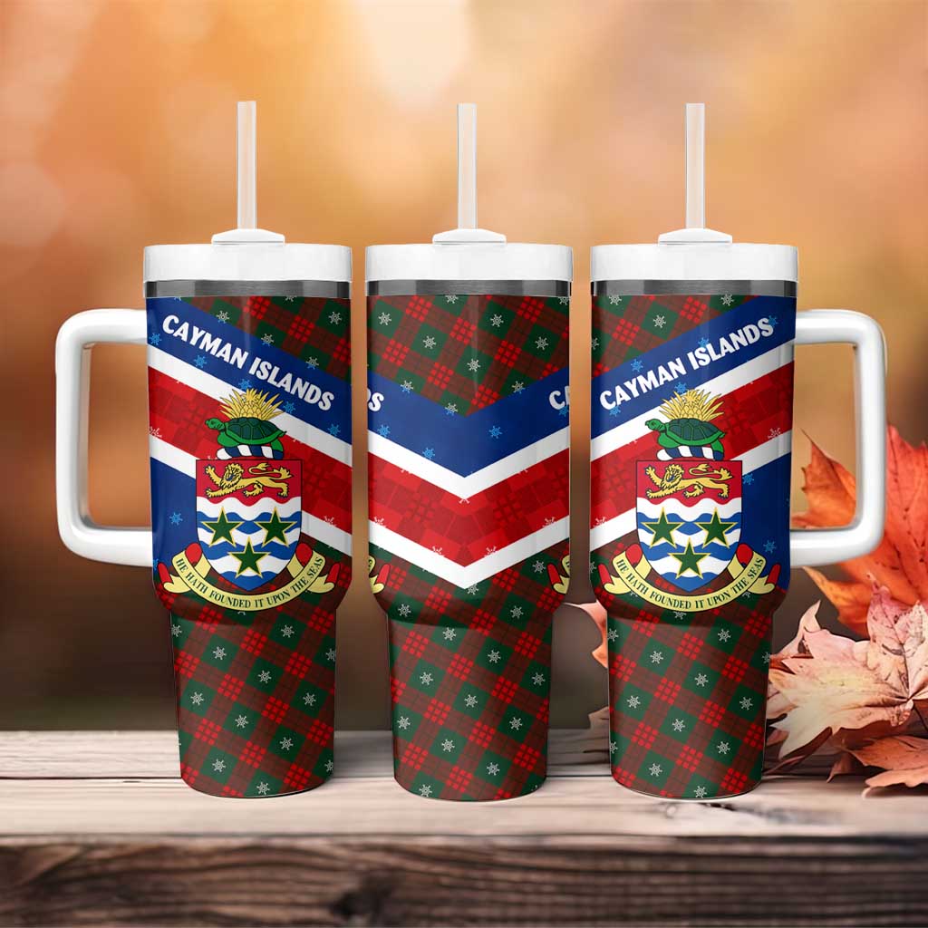 Cayman Islands Xmas Tumbler With Handle Christmas Plaid Turtle and Coat of Arms Red Green Blue - Wonder Print Shop