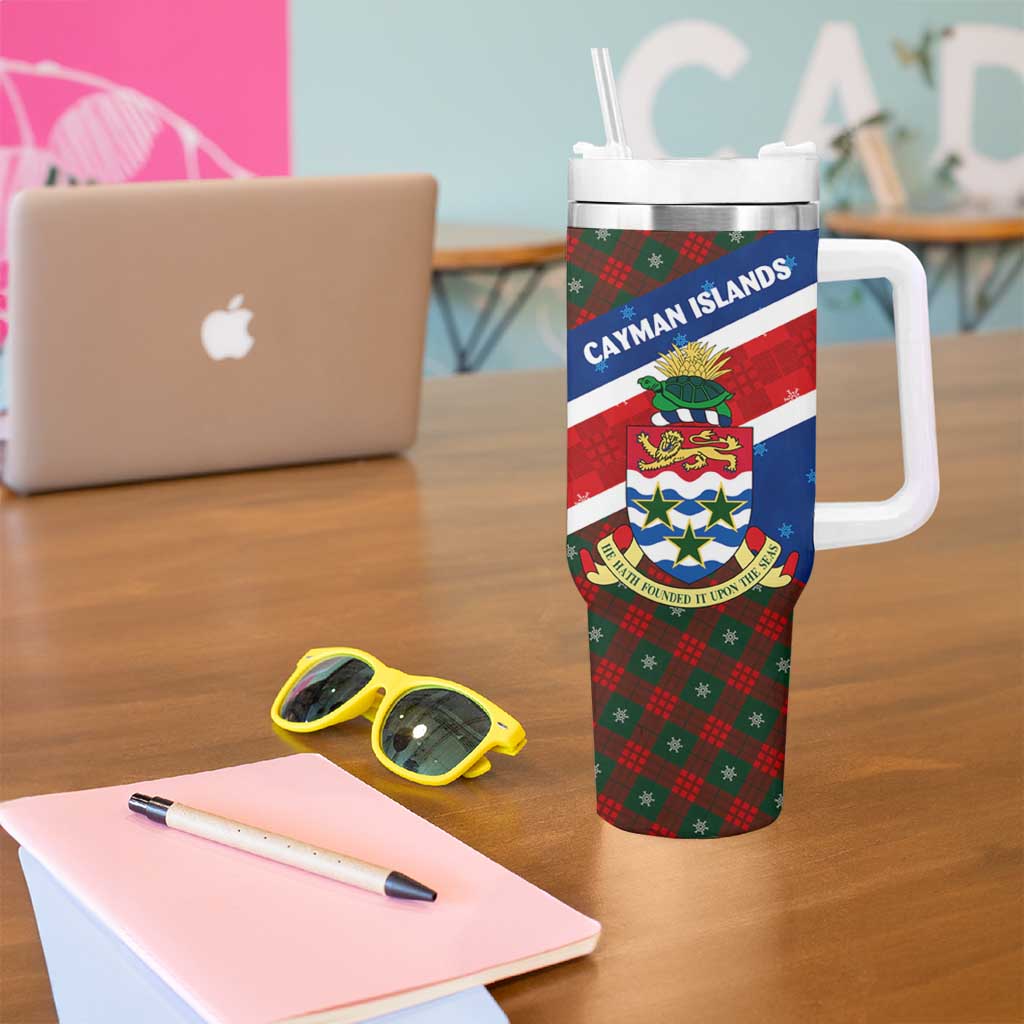 Cayman Islands Xmas Tumbler With Handle Christmas Plaid Turtle and Coat of Arms Red Green Blue - Wonder Print Shop