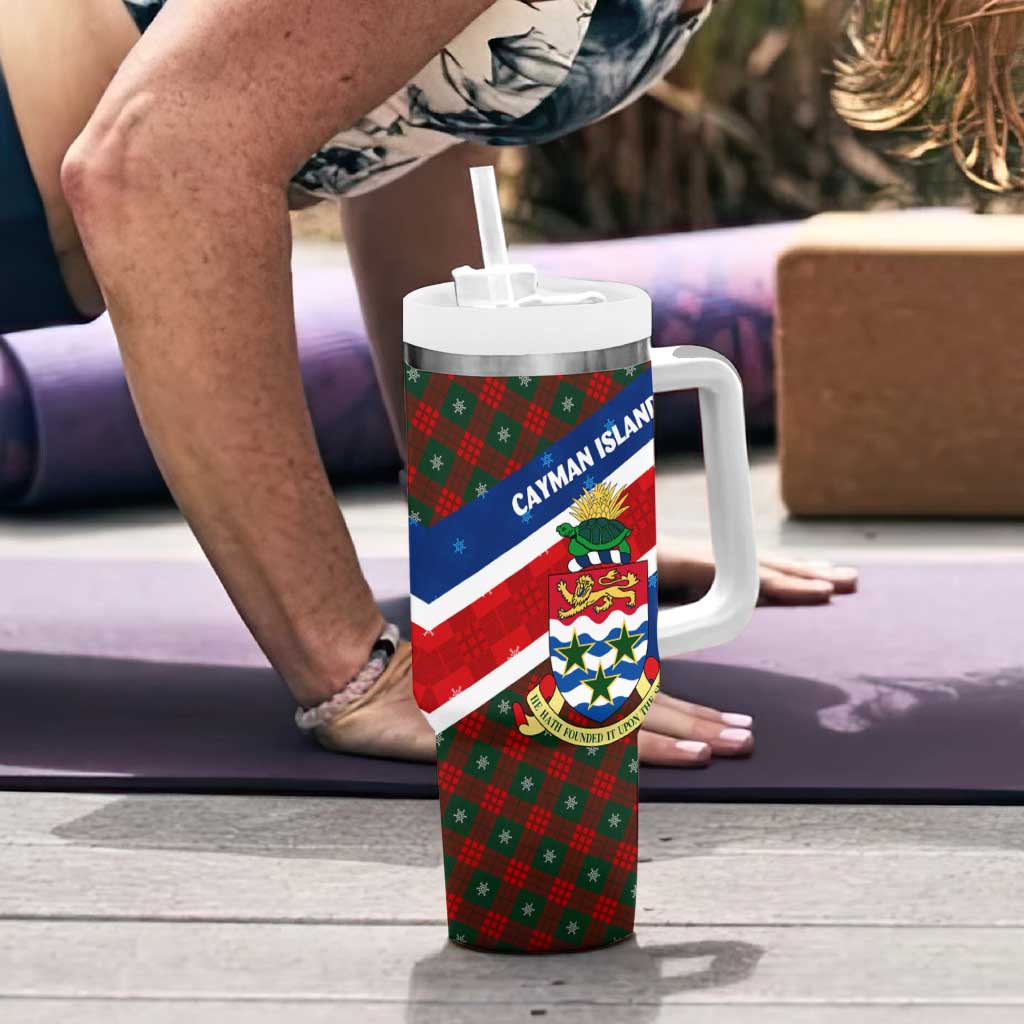 Cayman Islands Xmas Tumbler With Handle Christmas Plaid Turtle and Coat of Arms Red Green Blue - Wonder Print Shop