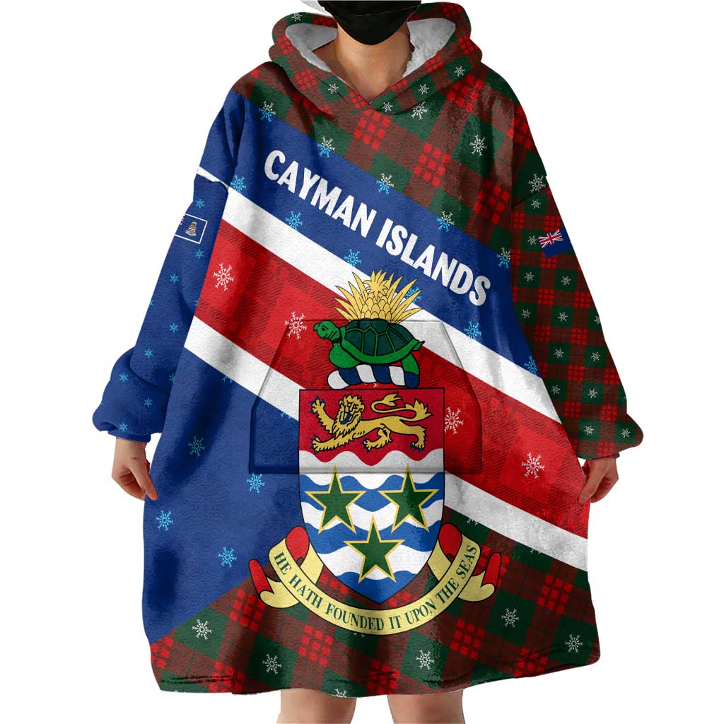 Cayman Islands Xmas Wearable Blanket Hoodie Christmas Plaid Turtle and Coat of Arms Red Green Blue - Wonder Print Shop