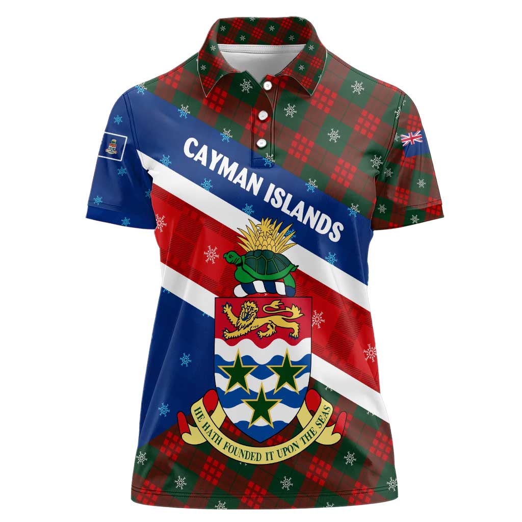Cayman Islands Xmas Women Polo Shirt Christmas Plaid Turtle and Coat of Arms Red Green Blue - Wonder Print Shop