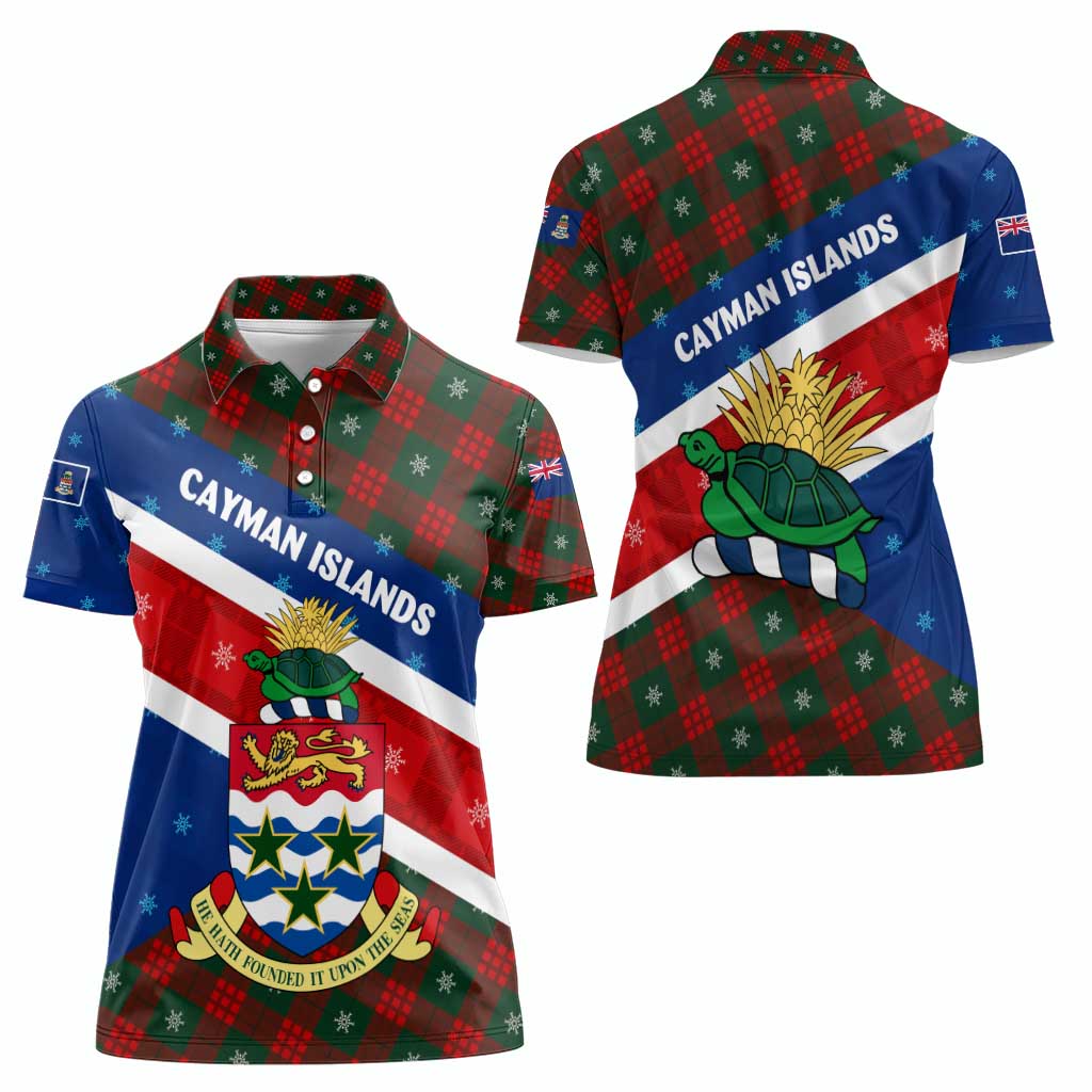 Cayman Islands Xmas Women Polo Shirt Christmas Plaid Turtle and Coat of Arms Red Green Blue - Wonder Print Shop