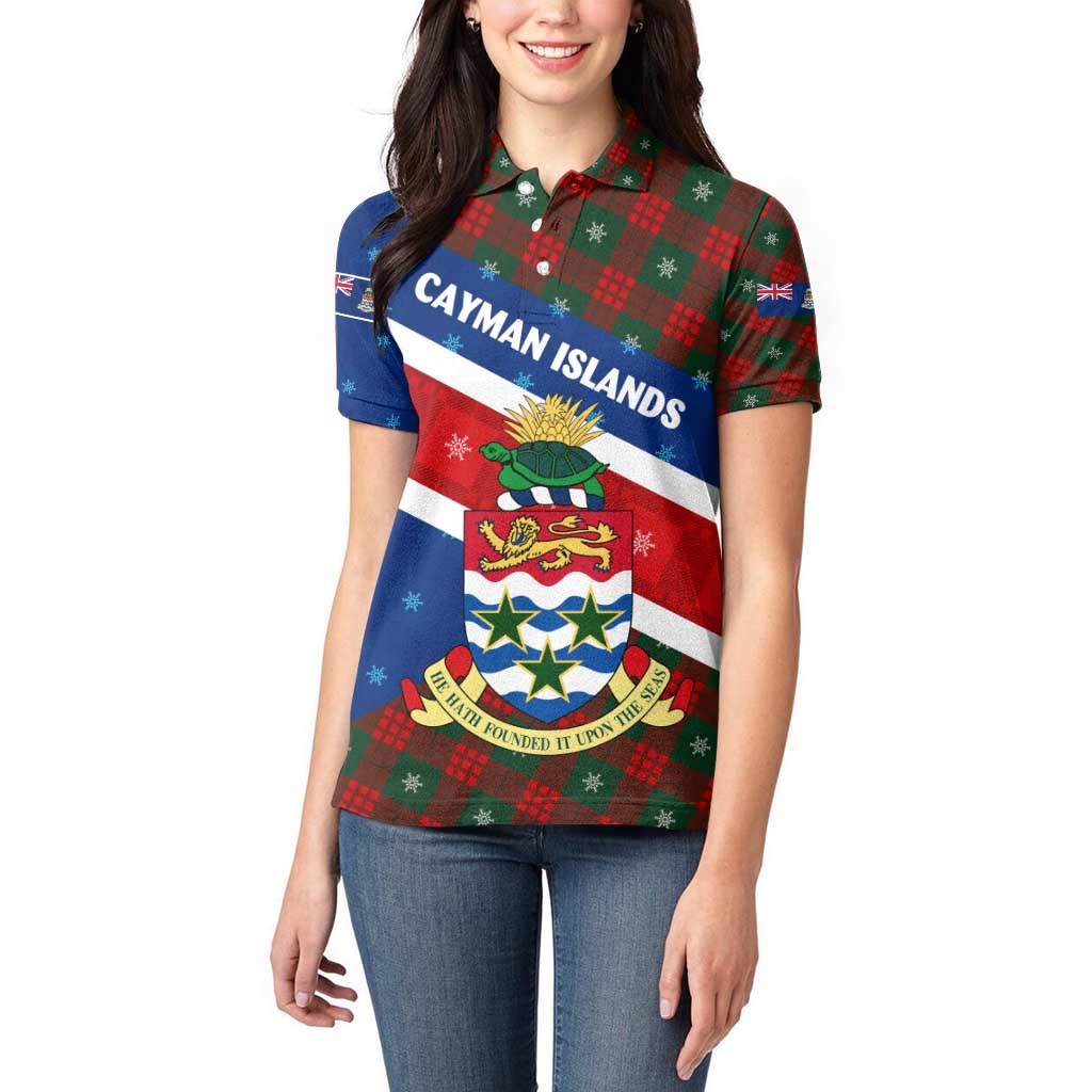 Cayman Islands Xmas Women Polo Shirt Christmas Plaid Turtle and Coat of Arms Red Green Blue - Wonder Print Shop