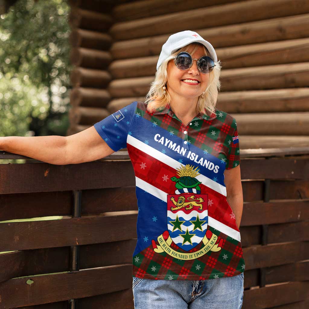 Cayman Islands Xmas Women Polo Shirt Christmas Plaid Turtle and Coat of Arms Red Green Blue - Wonder Print Shop