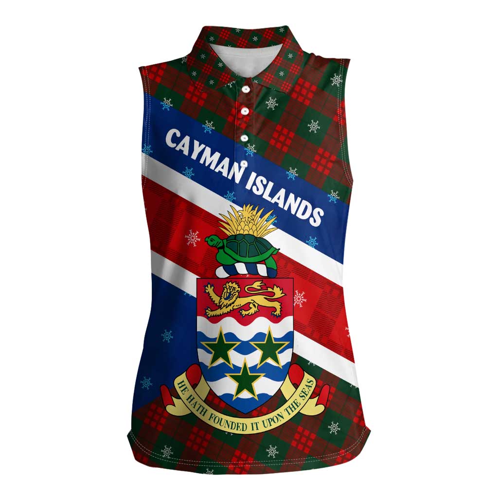 Cayman Islands Xmas Women Sleeveless Polo Shirt Christmas Plaid Turtle and Coat of Arms Red Green Blue - Wonder Print Shop