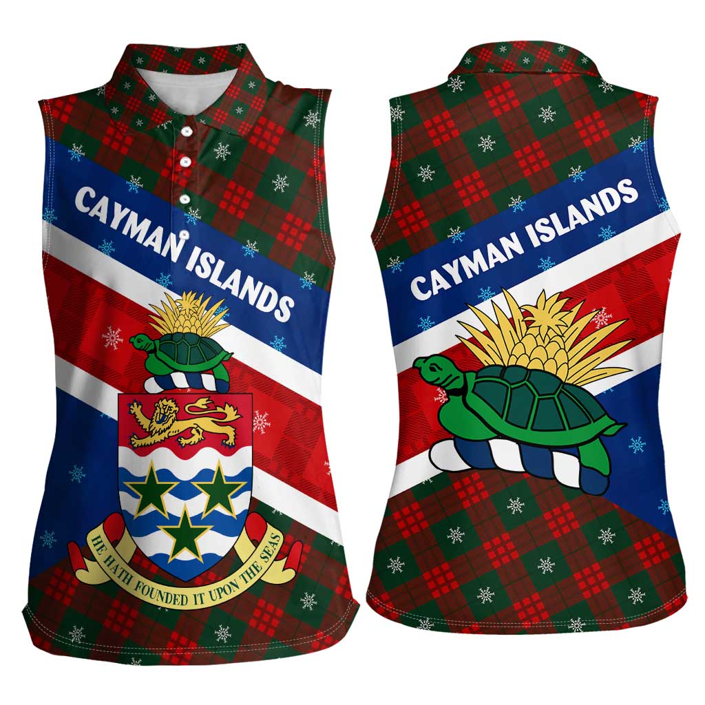 Cayman Islands Xmas Women Sleeveless Polo Shirt Christmas Plaid Turtle and Coat of Arms Red Green Blue - Wonder Print Shop