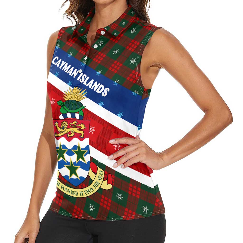 Cayman Islands Xmas Women Sleeveless Polo Shirt Christmas Plaid Turtle and Coat of Arms Red Green Blue - Wonder Print Shop