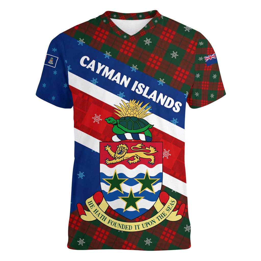 Cayman Islands Xmas Women V-Neck T-Shirt Christmas Plaid Turtle and Coat of Arms Red Green Blue - Wonder Print Shop