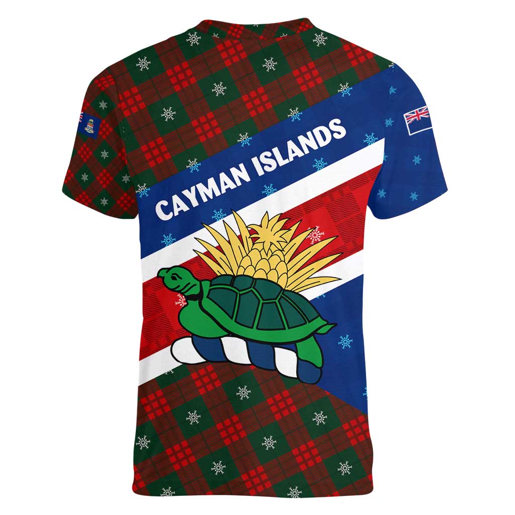Cayman Islands Xmas Women V-Neck T-Shirt Christmas Plaid Turtle and Coat of Arms Red Green Blue - Wonder Print Shop