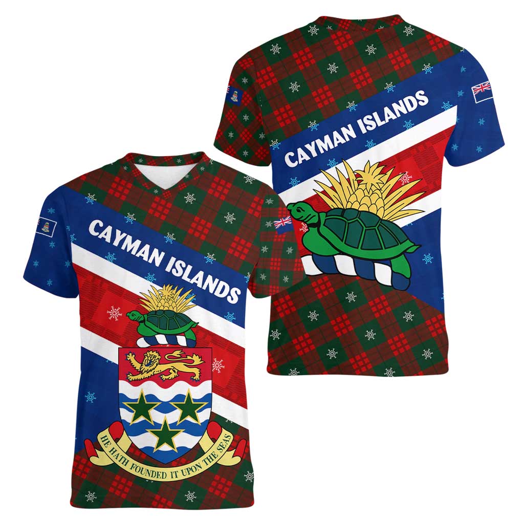 Cayman Islands Xmas Women V-Neck T-Shirt Christmas Plaid Turtle and Coat of Arms Red Green Blue - Wonder Print Shop
