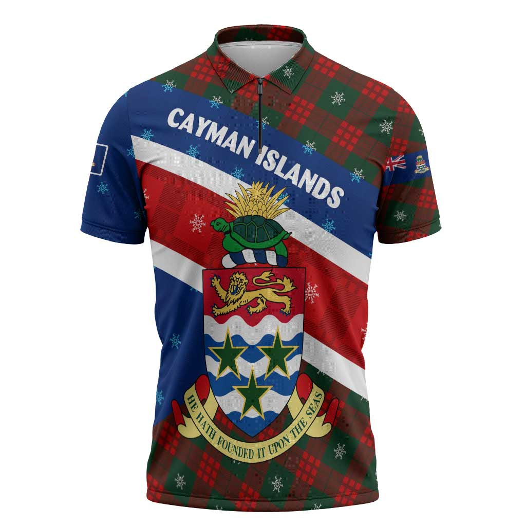 Cayman Islands Xmas Zipper Polo Shirt Christmas Plaid Turtle and Coat of Arms Red Green Blue - Wonder Print Shop