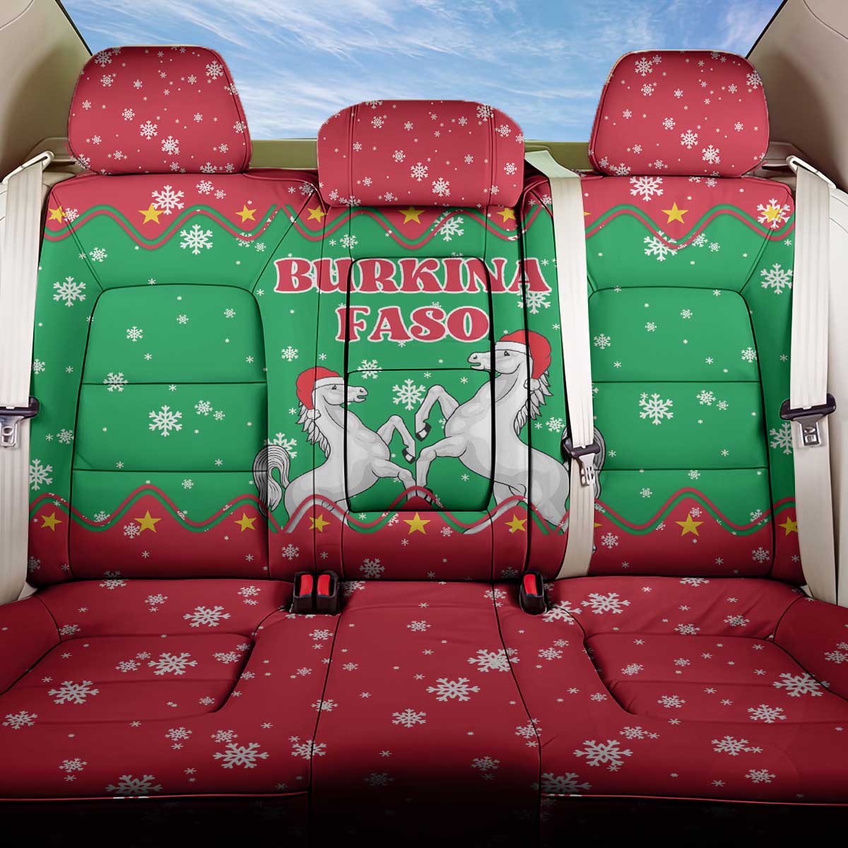 Christmas Burkina Faso Back Car Seat Cover Snowflake Horses and Coat of Arms - Wonder Print Shop
