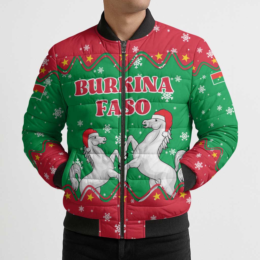 Christmas Burkina Faso Bomber Puffer Jacket Snowflake Horses and Coat of Arms - Wonder Print Shop