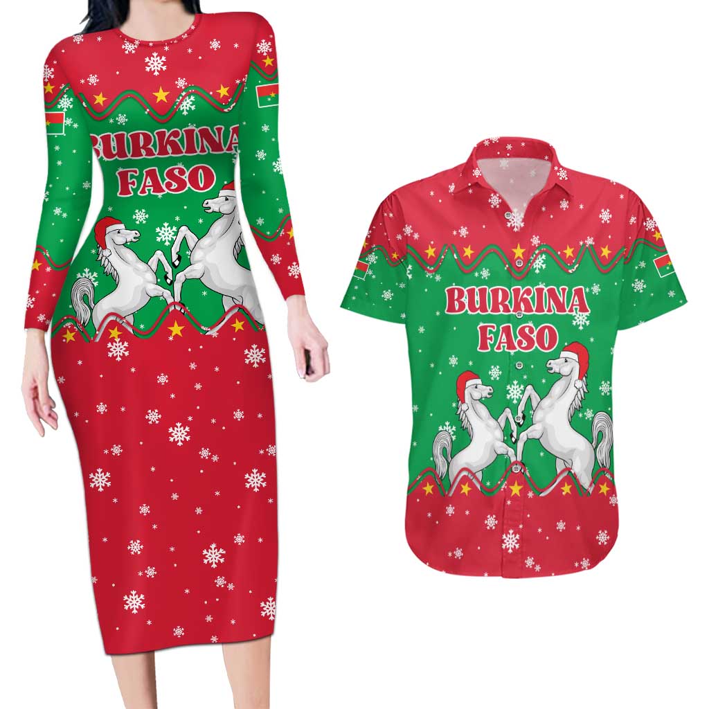Christmas Burkina Faso Couples Matching Long Sleeve Bodycon Dress and Hawaiian Shirt Snowflake Horses and Coat of Arms - Wonder Print Shop