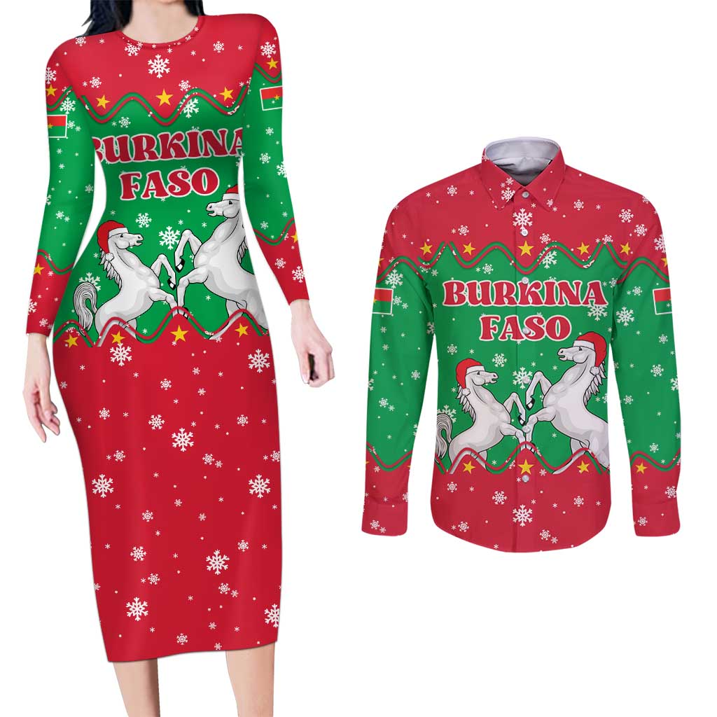 Christmas Burkina Faso Couples Matching Long Sleeve Bodycon Dress and Long Sleeve Button Shirt Snowflake Horses and Coat of Arms - Wonder Print Shop