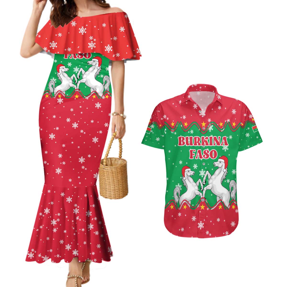Christmas Burkina Faso Couples Matching Mermaid Dress and Hawaiian Shirt Snowflake Horses and Coat of Arms - Wonder Print Shop
